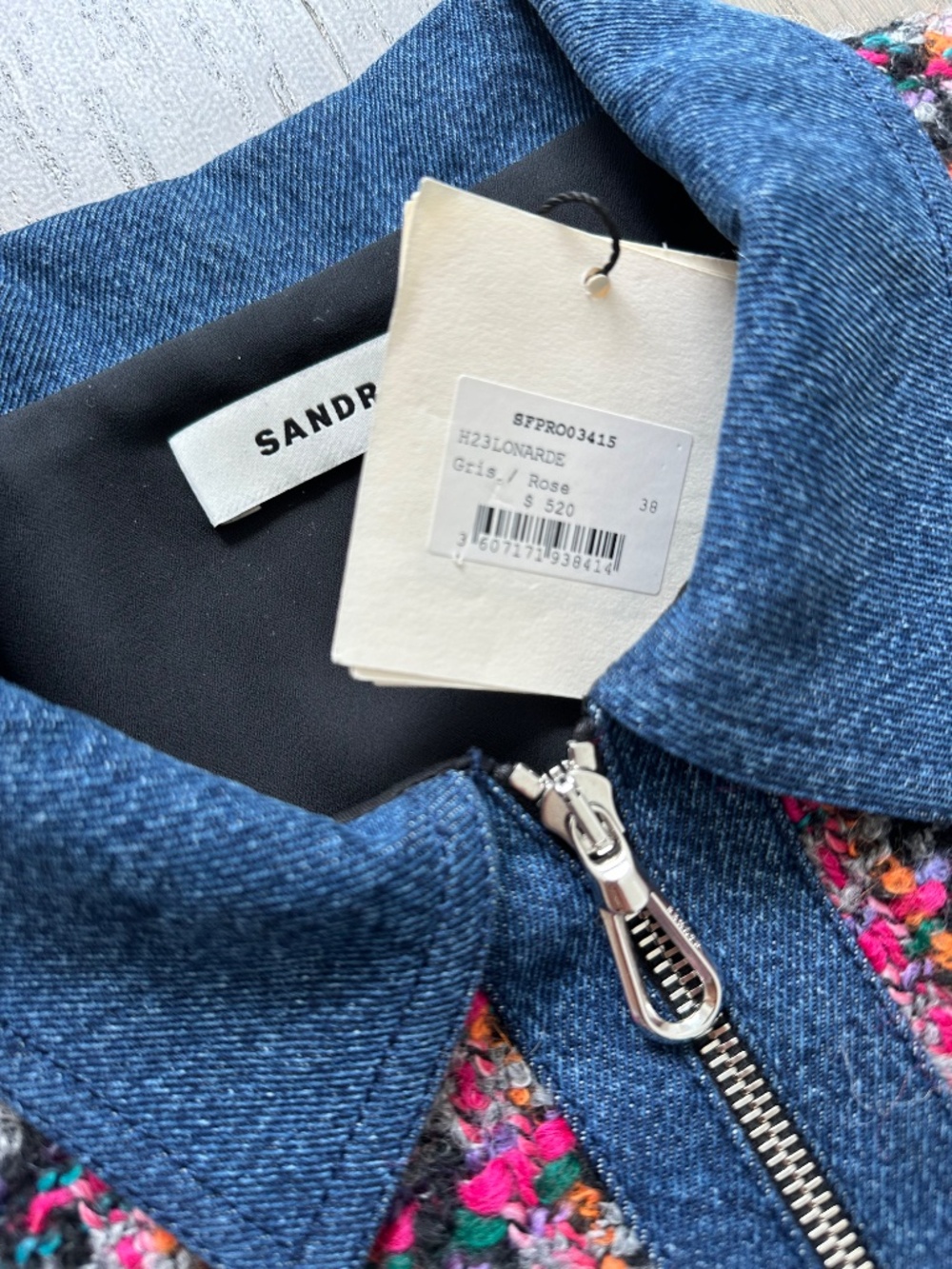 Sandro Pink Tweed Checked Denim Zip Front Coat Dress - With Tags - FR 38 = US 6 - Picture 4 of 9